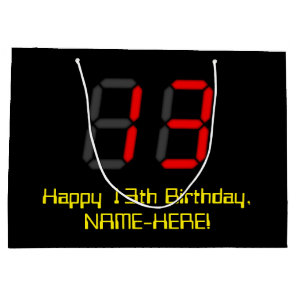 13th Birthday: Red Digital Clock Style "13" + Name Large Gift Bag