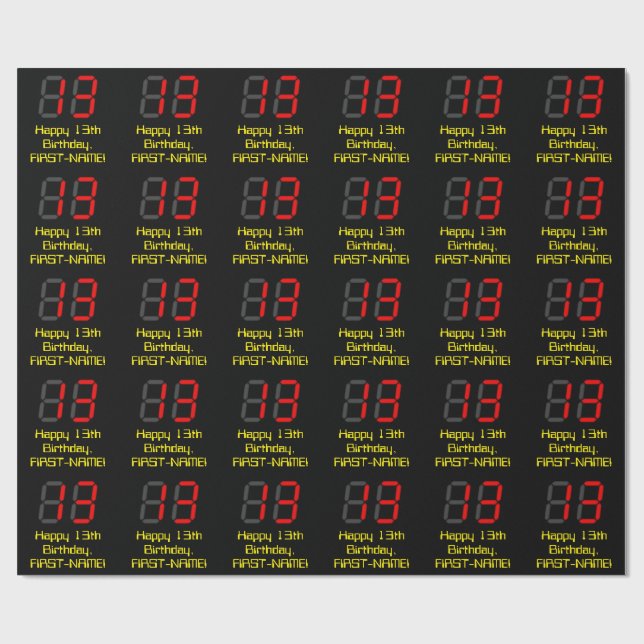 13th Birthday: Red Digital Clock Style "13" + Name Wrapping Paper (Flat)