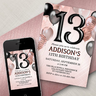 13th Birthday Rose Gold Balloons Invitation
