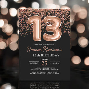 13th Birthday Rose Gold Black Balloons Party Invitation