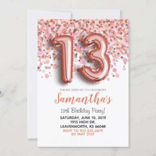 13th Birthday Rose Gold Confetti Invitation