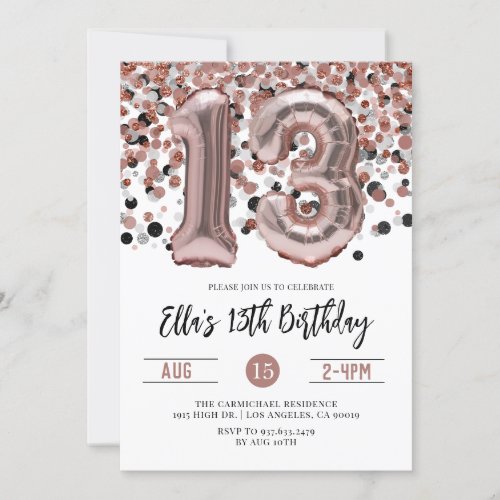 13th Birthday Rose Gold Confetti Invitation