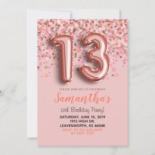 13th Birthday Rose Gold Confetti Invitation