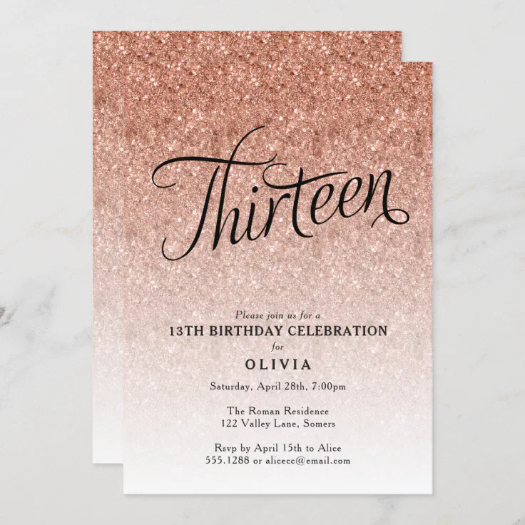 Pink Black Gold Diamond 13Th Birthday Party Personalised Invitations 