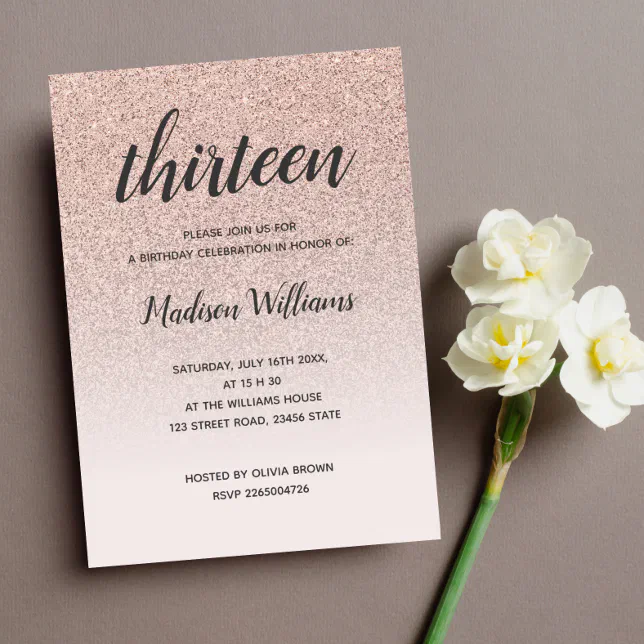 13th Birthday Rose Gold Ombre Glitter Invitation | Zazzle