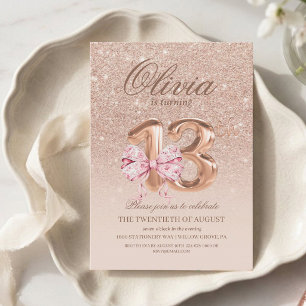 13th Birthday Rose Pink Gold Bow Birthday Party Invitation