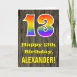 [ Thumbnail: 13th Birthday: Rustic Faux Wood Look, Rainbow "13" Card ]