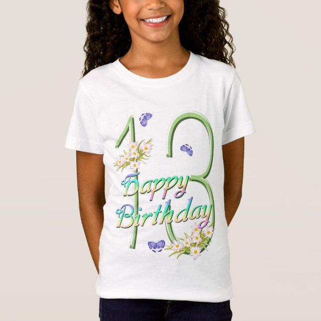 13th Birthday Shirt with Rainbows and Butterflies (Front)