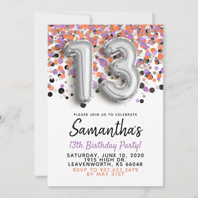 13th Birthday Silver Confetti Invitation (Front)