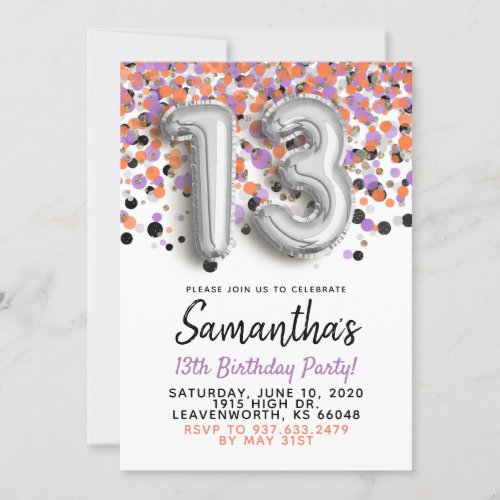 13th Birthday Silver Confetti Invitation