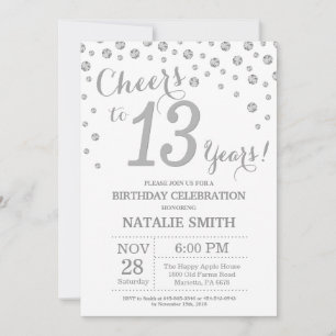 13th Birthday Silver Glitter Diamond Invitation