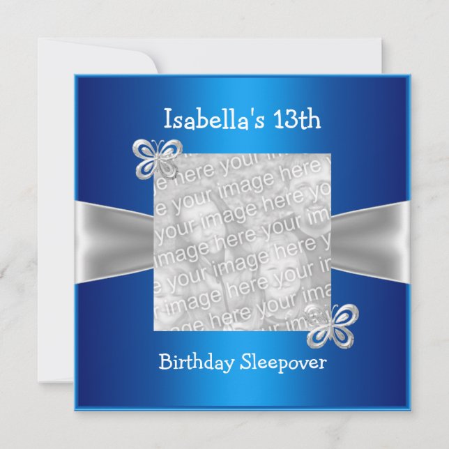 13th Birthday Sleepover Butterfly Photo Blue Invitation (Front)