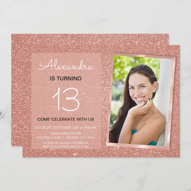 13th Birthday Sparkle Rose Gold Blush Pink Photo Invitation | Zazzle