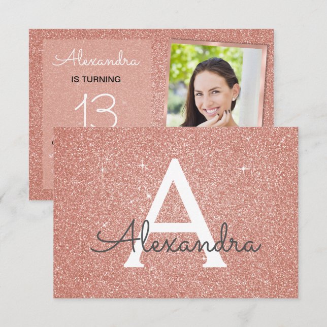 13th Birthday Sparkle Rose Gold Blush Pink Photo Invitation (Front/Back)