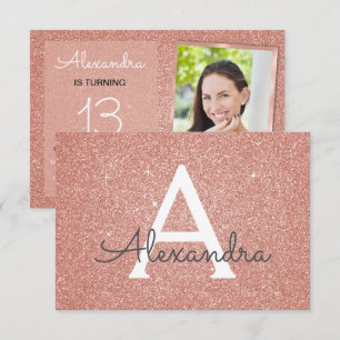 13th Birthday Sparkle Rose Gold Blush Pink Photo Invitation