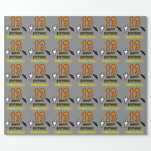 13th Birthday Spooky Halloween Theme Custom Name Wrapping Paper