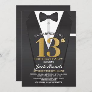 13th Birthday Spy Suit Black tie Gold Teenager 13 Invitation