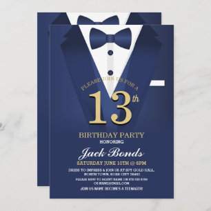 13th Birthday Spy Suit Black Tie Navy Teenager 13 Invitation
