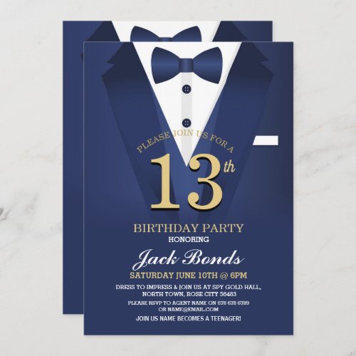 13th Birthday Spy Suit Black Tie Navy Teenager 13 Invitation