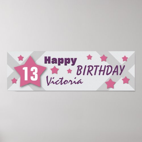 13th Birthday Star Banner PINK PURPLE SILVER V13B Poster