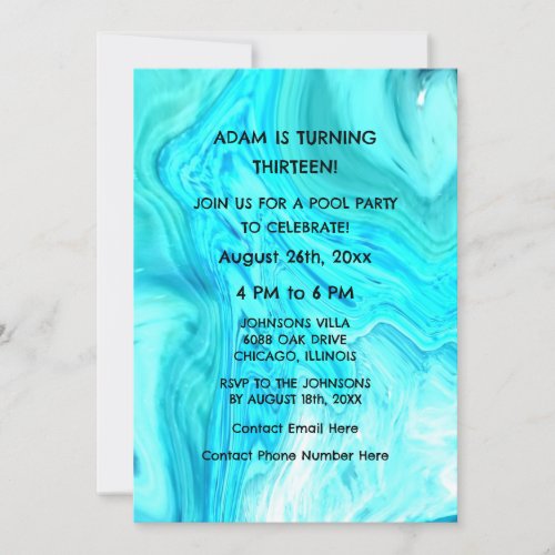 13th Birthday Teal Blue Artsy Abstract Custom Age Invitation