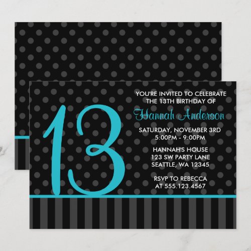 13th Birthday Teal Blue Black Polka Dot Stripes Personalized Invitation