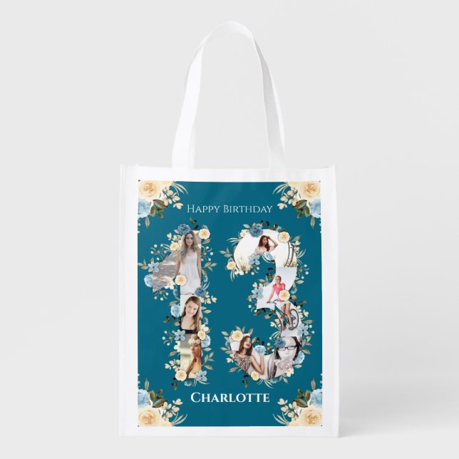 13th Birthday Teal Photo Collage Yellow Flower Grocery Bag (Front)
