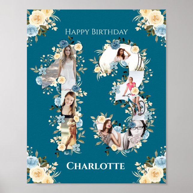 13th Birthday Teal Photo Collage Yellow Flower Poster (Front)