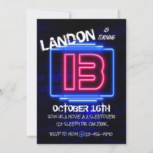 13TH BIRTHDAY TEEN PARTY NEON GLOW PARTY INVITATION