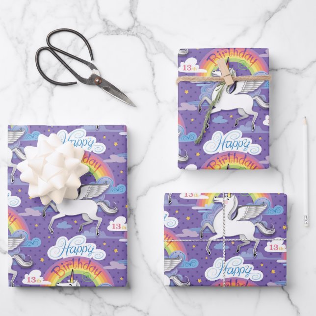 13th Birthday Unicorn Wrapping Paper Sheets (Front)