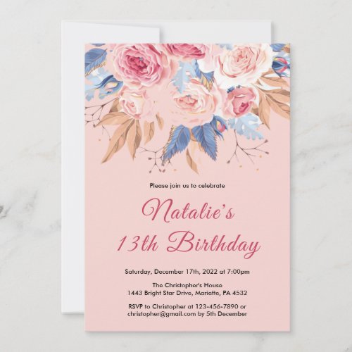 13th Birthday Watercolor Botanical Pink Floral Invitation