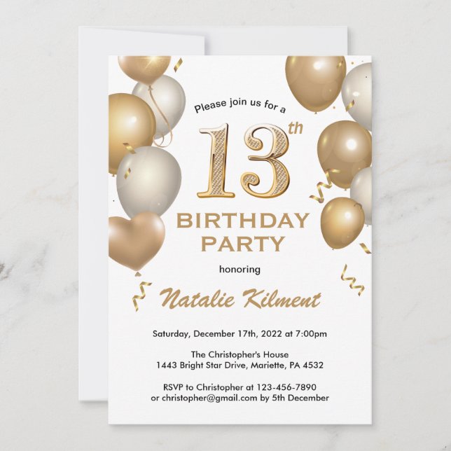13th Birthday White and Gold Glitter Balloons Invitation (Front)