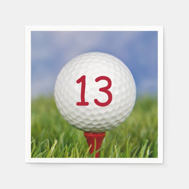 13th birthday white golf ball on red tee napkins (Front)