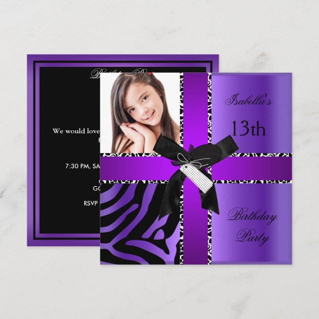 13th Birthday Zebra Cow Purple Black White Invitation (Front/Back)