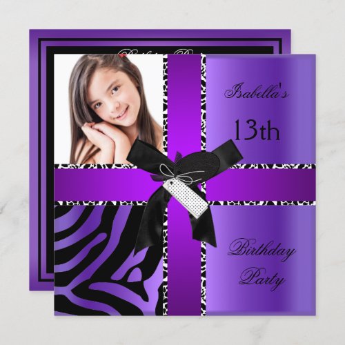 13th Birthday Zebra Cow Purple Black White Invitation
