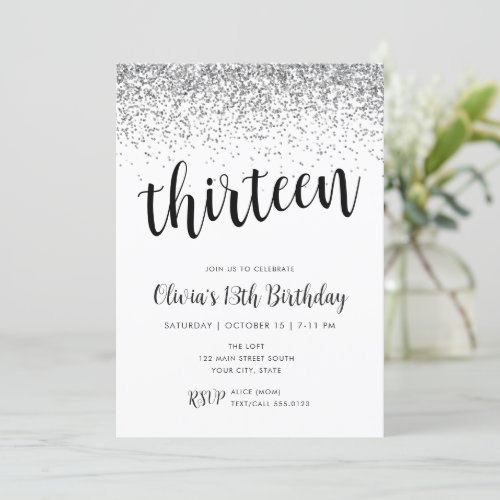 13th BirthdaySilver Glitter Confetti Invitation