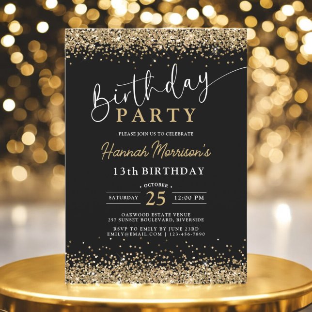 13th Black Gold Glitter Any Age Birthday  Invitation (Creator Uploaded)