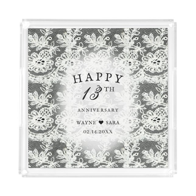 13th Black + White Lace Wedding Anniversary Acrylic Tray (Front)