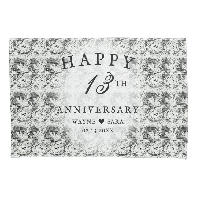 13th Black + White Lace Wedding Anniversary Pillow Case (Front-Left)