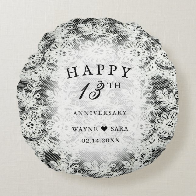 13th Black + White Lace Wedding Anniversary Round Pillow (Front)