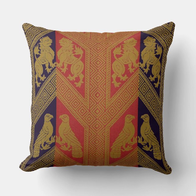 13th century heraldry print lions rampant and bird throw pillow (Front)