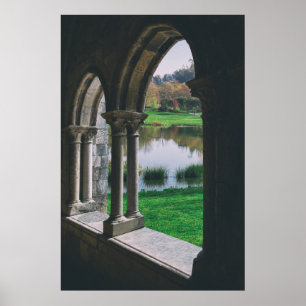13th century Medieval gothic cloister by a lake Poster