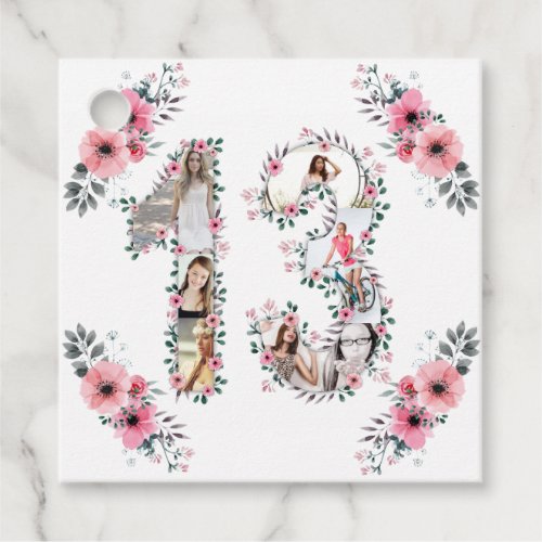 13th Girl Birthday Photo Collage Pink Flower White Favor Tags