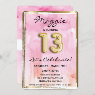 13th Girl Birthday Pink and Gold Invitation