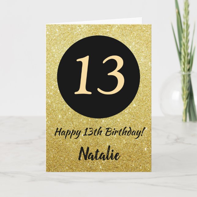 13th Happy Birthday Black and Gold Glitter Card (Front)