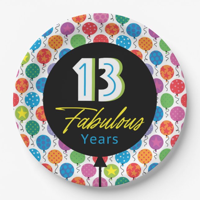 13th Happy Birthday Bright Graphic Balloon  Paper Plates (Front)