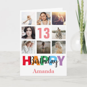 13th Happy Birthday Photo Collage Modern Pink Card