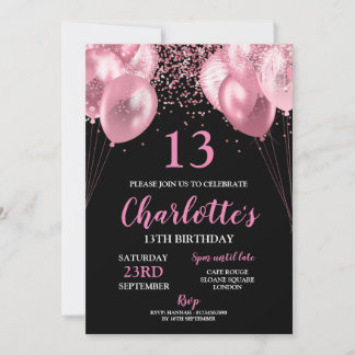 13th Invite pink neon black birthday Invitation