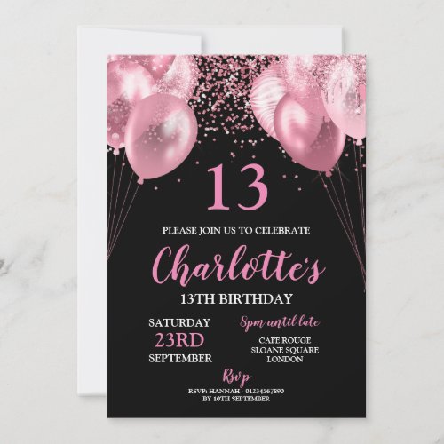 13th Invite pink neon black birthday Invitation