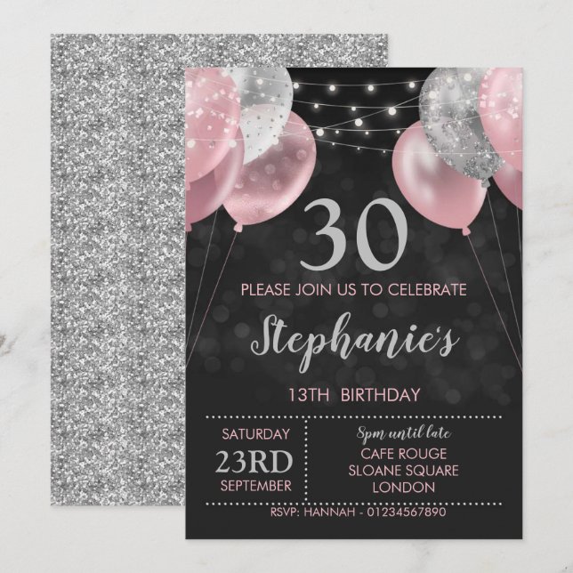13th Invite Pink Silver Birthday Invitation (Front/Back)